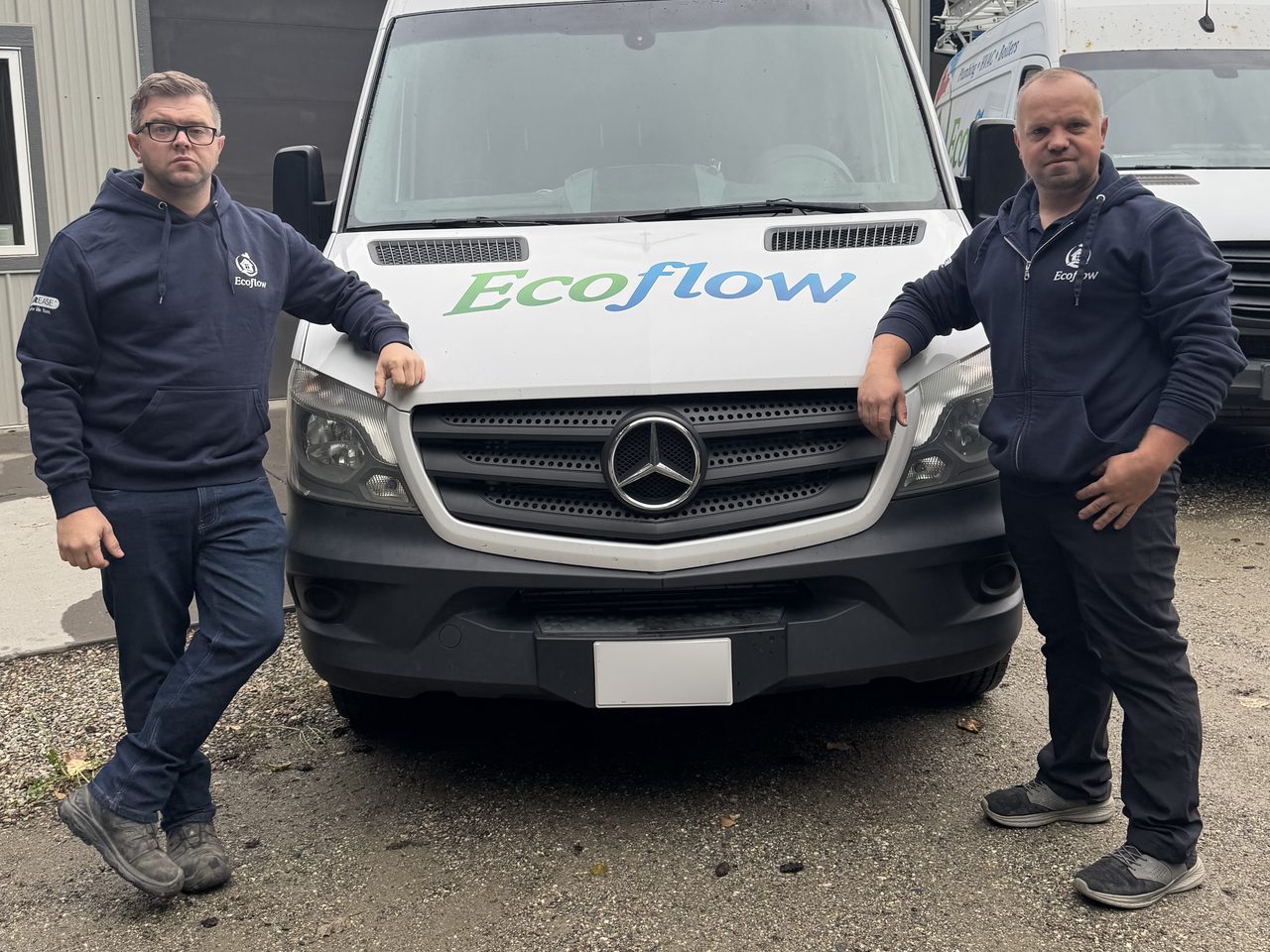 Paul and Sergei Grigorjew standing either side of an Ecoflow van outside the shop.