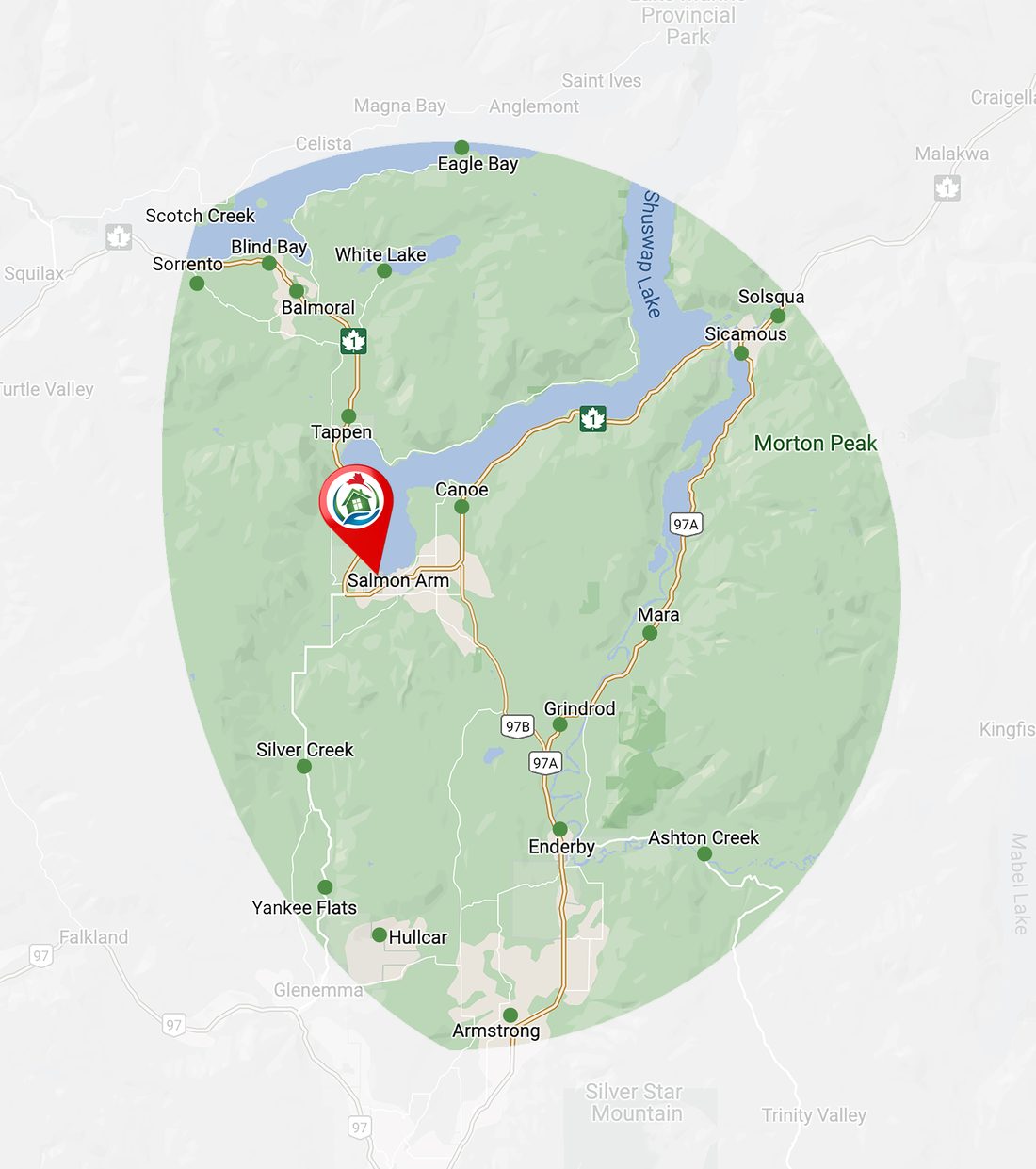 Map of Ecoflow's service area, centred on Salmon Arm and reaching Sorrento, Blind Bay, Eagle Bay, Sicamous, Grindrod, Enderby and Armstrong.